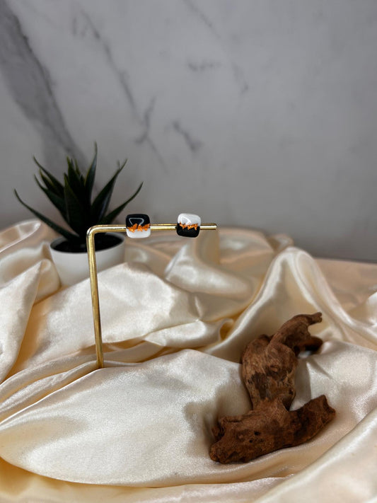 Black and White Gold Leaf Middle Square Studs